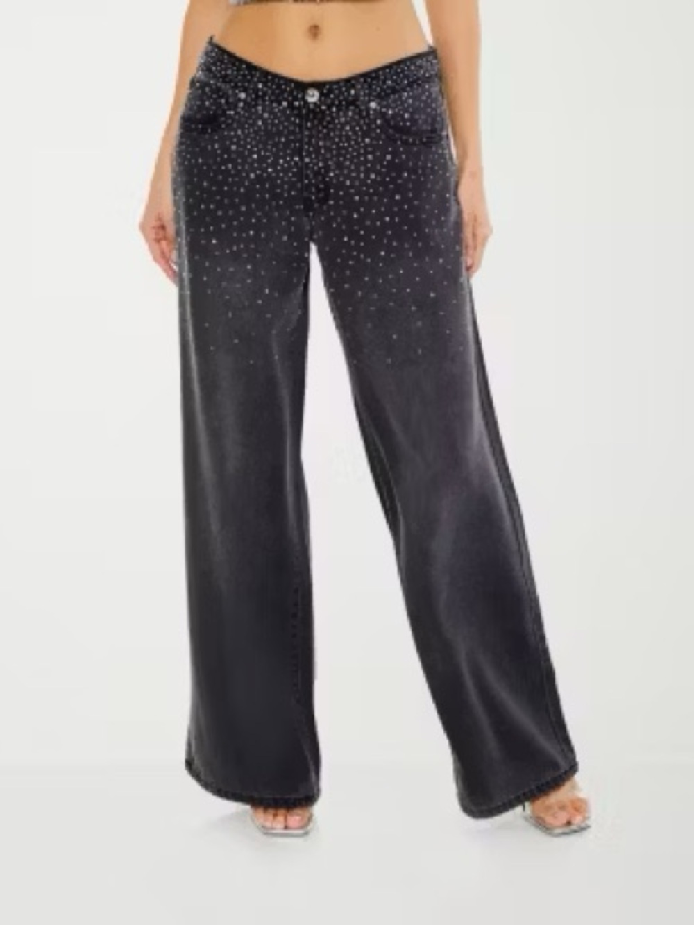 Forever 21 Black Rhinestone-Embellished Wide Leg Jeans Sz 25